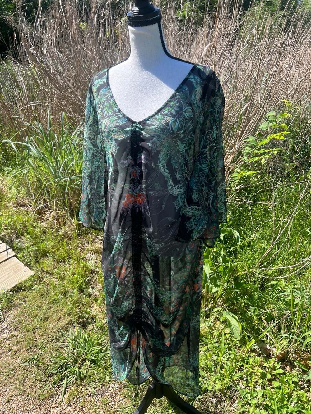 City Chic Sheer Floral Ruched Front Maxi Dress Cover-up Size XS/14